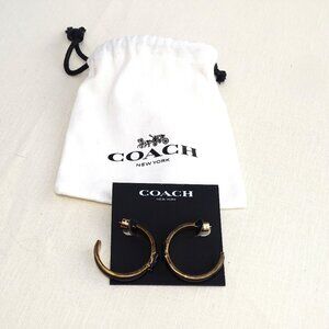 Coach Large Gold and Black Enameled Large Hoop Pierced Earrings New